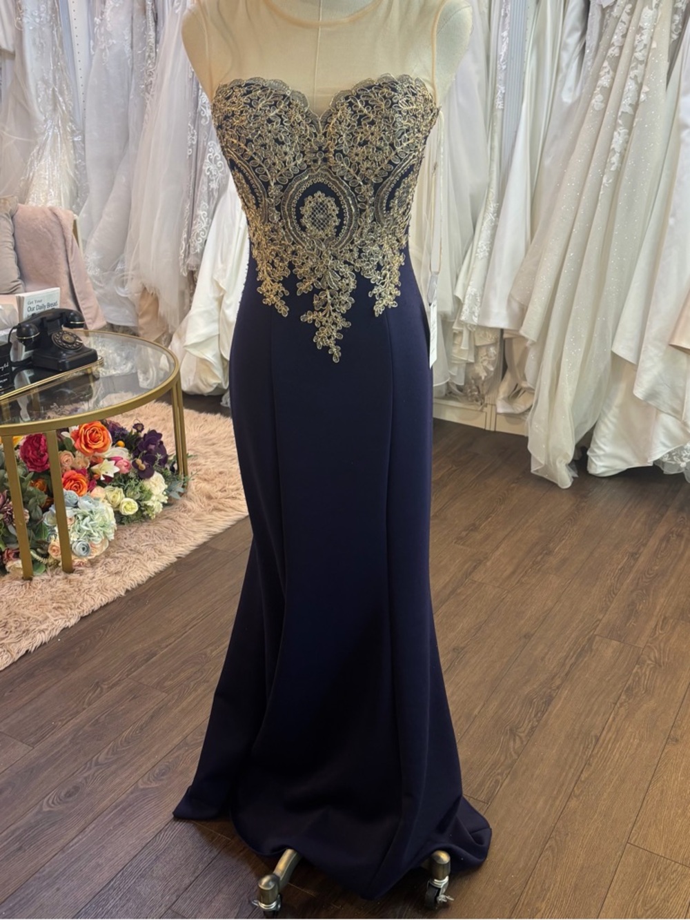 Navy Evening Gown with Gold Embroidered Bodice